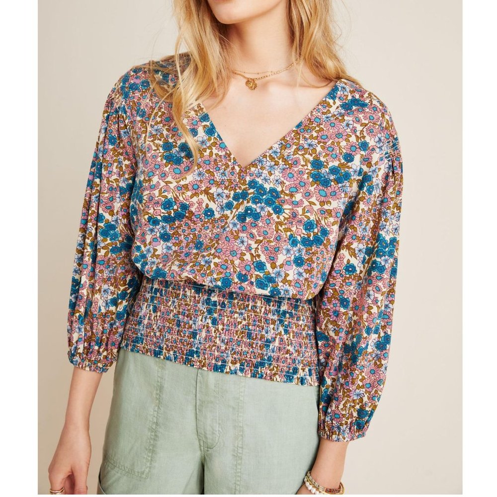 Anthropologie Maeve Odette Smocked Blouse Floral Large